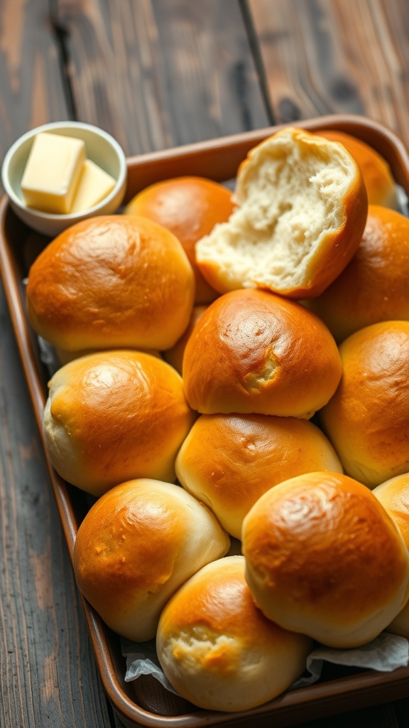 A tray of golden vegan dinner rolls, fluffy and soft, served with vegan butter on a rustic wooden table.